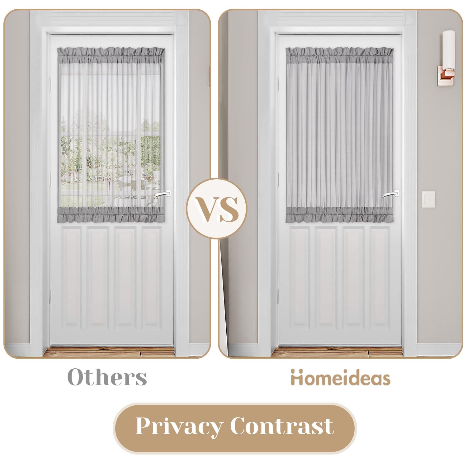 Homeideas Non-See-Through French Door Curtains Set Of 2 For Front Door, Privacy Semi Sheer Door Window Curtains, Rod Pocket Light Filtering Door Covering With Tieback, (Light Grey, 54W X 40L)